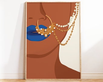 May include: A close-up of a woman's face with blue lipstick and a gold nose ring with white pearls. The nose ring is connected to a gold chain with white pearls that hangs down the side of her face.