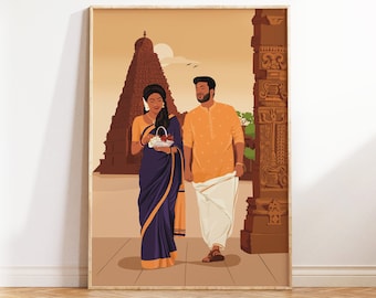 Indian Couple Wall Art, Desi Art, Indian Art, South Asian Home Decor, Brown Couple Portrait, South Indian, Valentines Gifts For him, For her