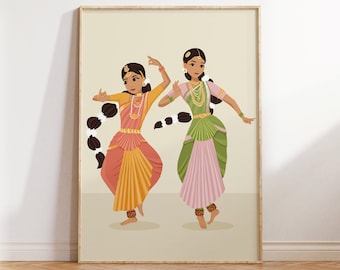 May include: Two women in traditional Indian clothing dance with their arms raised. One woman wears a pink and yellow sari with a white flower in her hair. The other woman wears a green and pink sari with a white flower in her hair. Both women have dark hair and brown eyes.