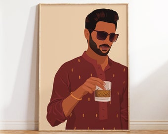 May include: A framed art print featuring a stylized illustration of a person in a maroon kurta holding a glass of whiskey. The person wears sunglasses and a gold bracelet. The background is a neutral beige.