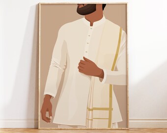 May include: A digital illustration of a person wearing a white traditional garment with a gold trim. The person is standing against a light brown background.