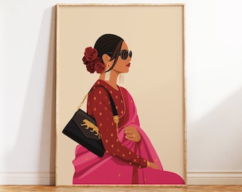 Arte indio, arte desi, arte mural de mujer india, impresión del sur de Asia, arte del sur de la India, impresiones desi, chica morena, arte tamil, arte mural bohemio moderno