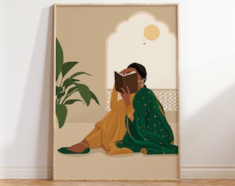 Indian Women In Suit Reading Book Art, Indian Art, Desi Art, Indian Book Lovers Wall Art, South Asian Art, Tamil Girl, Brown Girl, Retro Art