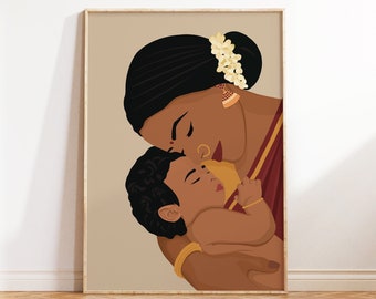 Mother & Child Art Print, Motherhood Poster, South Asian Art, Indian Art, South Indian Art, Indian Mom Gift Idea, Desi Art, Mothers Day Gift