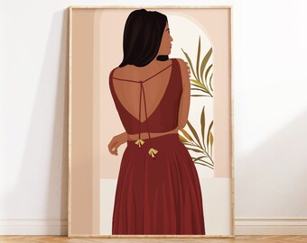 Arte desi, arte indio, ilustración de mujer del sur de Asia, retrato de niña morena, arte moderno de mujer india, arte del sur de la India, decoración del hogar tamil, estilo bohemio