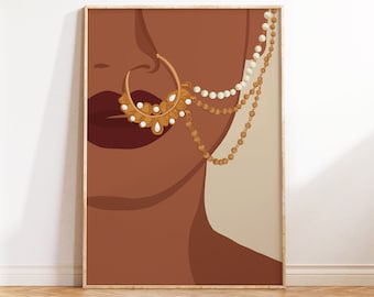 Desi Art, Indian Wall Art, South Asian Woman Art, Asian Painting, South Indian Art, Brown Girl, Nath, Nose Ring Art, Desi, Tamil Girl Print
