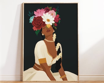 Indian Woman Flower Head Wall Art, Desi Art, Flower Woman Art, South Asian Art, Brown Girl, Modern Woman in Saree, South Indian Art, Tamil
