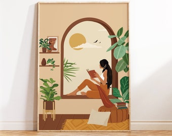 Modern Indian Woman Reading Book Art, Boho Art, Desi Art, Indian Book Lovers Wall Art, South Asian Art, Indian Art, Tamil Girl, Brown Girl