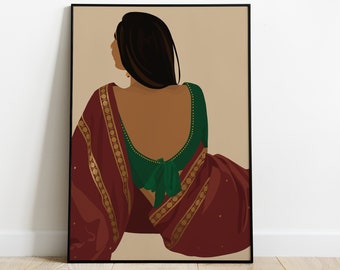 Indian Women In Saree Art, Desi Art, Indian Wall Art, South Asian Art, Tamil Girl Poster, Telugu Art, Brown Girl, Retro Art, Indian Pop Art