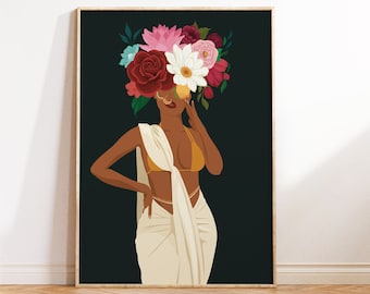 Indian Woman Flower Head Wall Art, Desi Art, Flower Woman Art, South Asian Art, Brown Girl, Modern Woman in Saree, South Indian Art, Tamil