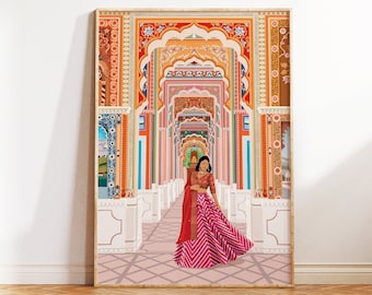 May include: A woman in a pink and red striped skirt and a red shawl stands in a colorful hallway with intricate archways and patterned walls.