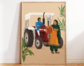 Punjabi Couple Working In Fields, Punjabi Village, Traditional Indian Art, Punjabi decor, South Asian, Desi Art, Indian Handmade Digital Art