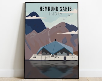 Gurudwara Shri Hemkund Sahib, Arte Hemkund Sahib, Arte Sikh, Arte della parete Punjabi, Arte indiana, Poster di viaggio Sikh, Arredamento per la casa Sikhismo, Arte del Punjab
