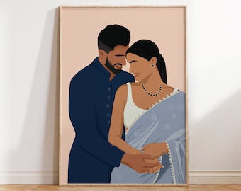 Indian Couple Art, Indian Art, Desi Art, South Asian Art, South Indian Art, Desi Art, Brown Couple Art, Valentine's Gift, For him, For her