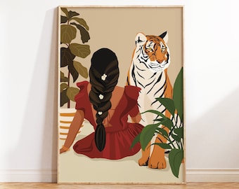 May include: A woman with long dark hair adorned with white flowers sits in a red dress with a tiger behind her. The background is a beige wall with green plants.