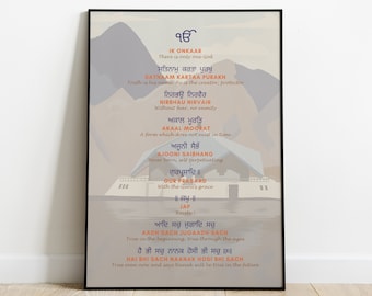 Mool Mantar en el fondo de Hemkund Sahib, Mool Mantar Art en traducción y significado al inglés, Arte sikh, Mool Mantar minimalista, Oración sikh