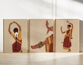 Set of 3 Bharatanatyam Art, Brown Girl Art, Desi Prints, South Asian Woman Art, Indian Wall Art, Tamil Girl Poster, Indian Classical Dancer