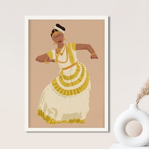 Mohiniyattam Poster, Kerala Dance Illustration, Indian Classical Dancer Gift, South Asian Brown Girl Home Decor, Desi Art, Mallu Woman Art