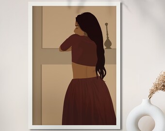 Arte indio, grabados desi, arte de niña tamil, arte del sur de Asia, arte de niña morena, arte indio moderno, arte del sur de la India, arte de mujer india, arte bangladesí