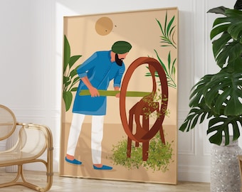 Punjabi Farmer Cutting Grass Art, Punjabi Village Life, Punjabi HomeDecor, Desi Art, Indian Wall Art, South Asian Art, Handmade Digital Art