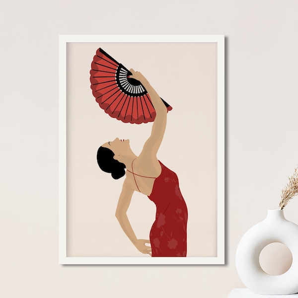 Peinture de femme flamenco, illustration de danseuse espagnole, affiche de voyage Espana, femme en robe rouge, art musical hispanique, décoration intérieure sud-américaine