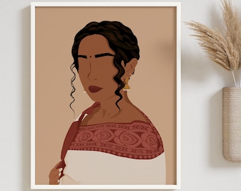 Arte desi, arte mural de mujer india, arte del sur de Asia, ilustración de niña morena, arte de mujer moderna con sari, decoración artística del sur de la India, arte de niña tamil