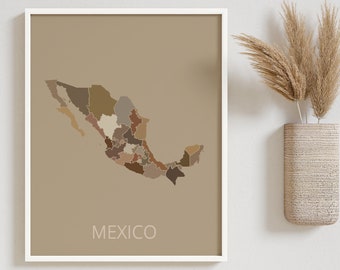 May include: A framed print of a map of Mexico with the states outlined in different shades of brown. The map is on a beige background and the word "MEXICO" is printed in black at the bottom of the map.
