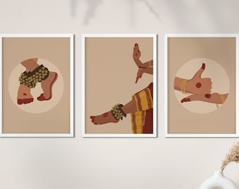 Set of 3 Bharatanatyam Mudra & Dancer Feet Poster, South Asian Brown Girl Art, Desi Art, Tamil girl Portrait, Indian Classical Dancer Art