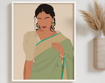 South Asian Woman Art, Brown Girl Art, Women in Saree Poster, Modern Indian Art, Desi Art, Tamil Girl Art, Indian Art, American Indian Art