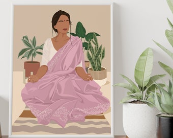 Indian Woman Meditating Art, Indian Art, Desi Art, Boho Art, South Asian Wall Art, Tamil Art, Asian Woman Illustration, Brown Girl Portrait