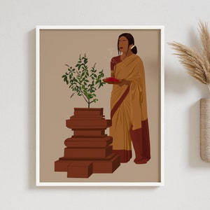 Indian Woman, Tulsi Plant Art, Holy Basil, Tulasi, South Asian, Brown Girl, Desi Art, Tamil Girl, Indian Religious Art, Hindu Art, Telugu