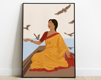 Arte desi, arte mural de mujer india, arte del sur de Asia, arte de chica morena, arte de mujer moderna con sari, arte del sur de la India, arte tamil, póster de Bollywood