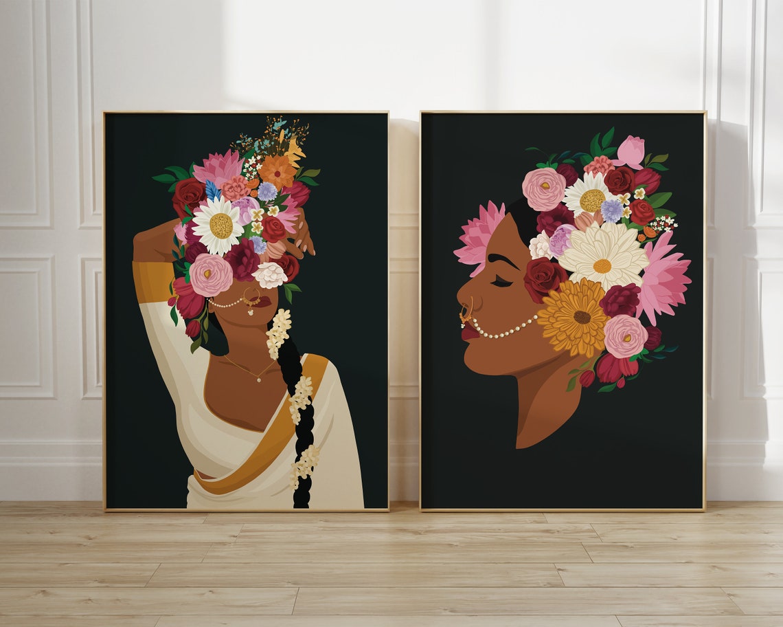 Indian Woman Flower Head Wall Art Desi Art Flower Woman Art Etsy
