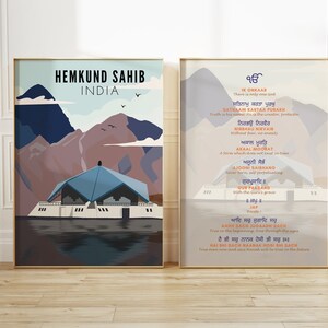 May include: A colorful illustration of Hemkund Sahib, a Sikh gurdwara in India, with mountains in the background. The text "Hemkund Sahib India" is at the top of the image. The right side of the image features a text panel with the Punjabi words "ੴ Ik Onkaar" and a list of Sikh beliefs.
