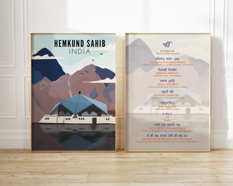 May include: A colorful illustration of Hemkund Sahib, a Sikh gurdwara in India, with mountains in the background. The text "Hemkund Sahib India" is at the top of the image. The right side of the image features a text panel with the Punjabi words "ੴ Ik Onkaar" and a list of Sikh beliefs.