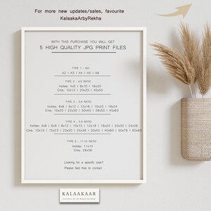 May include: A white framed poster with the text "WITH THIS PURCHASE YOU WILL GET 5 HIGH QUALITY JPG PRINT FILES" and a list of different print sizes in inches and centimetres. The poster is hanging on a white wall with a vase of dried pampas grass.