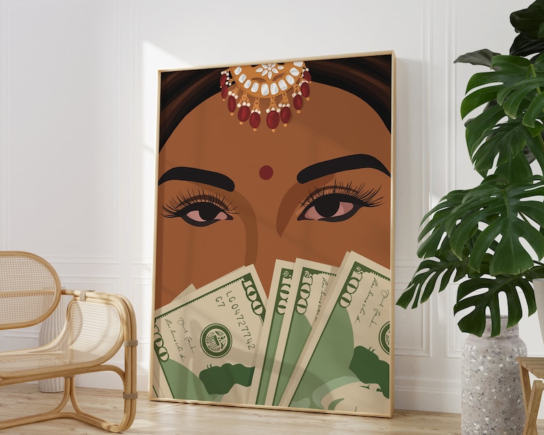 May include: A digital illustration of a woman's face with a red bindi on her forehead. She is wearing a gold and red headpiece and her eyes are looking at the viewer.  She is holding a stack of US dollar bills in front of her face.