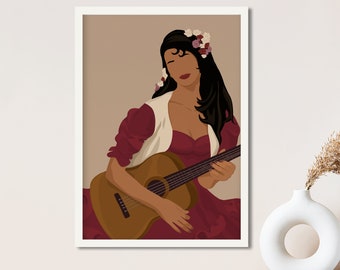Mexicaanse vrouw met gitaar volkskunst, Mexico-kunst, Spaanse muurkunst, folklorekunst, Spaanse erfgoedmaand, latino-kunstafdrukken, Latijns-Amerikaans