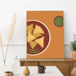 May include: A digital illustration of a plate of samosas with green chili peppers and a small bowl of green chutney on a warm orange background.