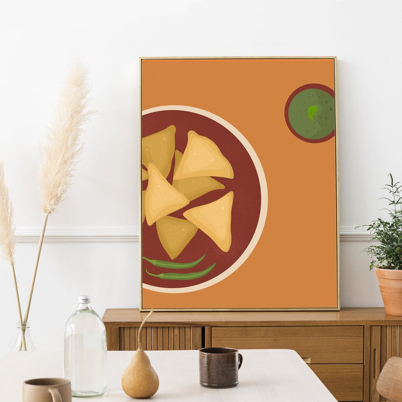 May include: A digital illustration of a plate of samosas with green chili peppers and a small bowl of green chutney on a warm orange background.