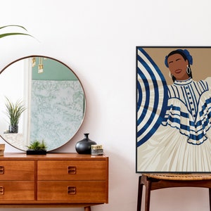 May include: A digital illustration of a woman wearing a white dress with blue and white stripes. She is wearing a blue headband and large hoop earrings. The background is a light brown colour.