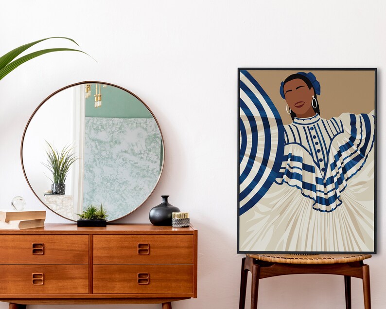 May include: A digital illustration of a woman wearing a white dress with blue and white stripes. She is wearing a blue headband and large hoop earrings. The background is a light brown colour.