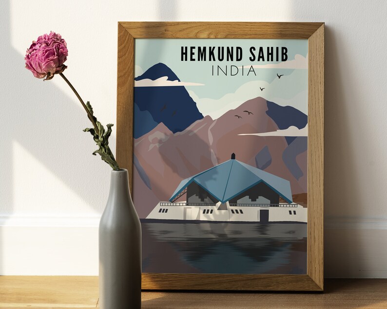 May include: A vintage travel poster with a blue and white illustration of a building in front of mountains. The text on the poster reads "Hemkund Sahib, India".
