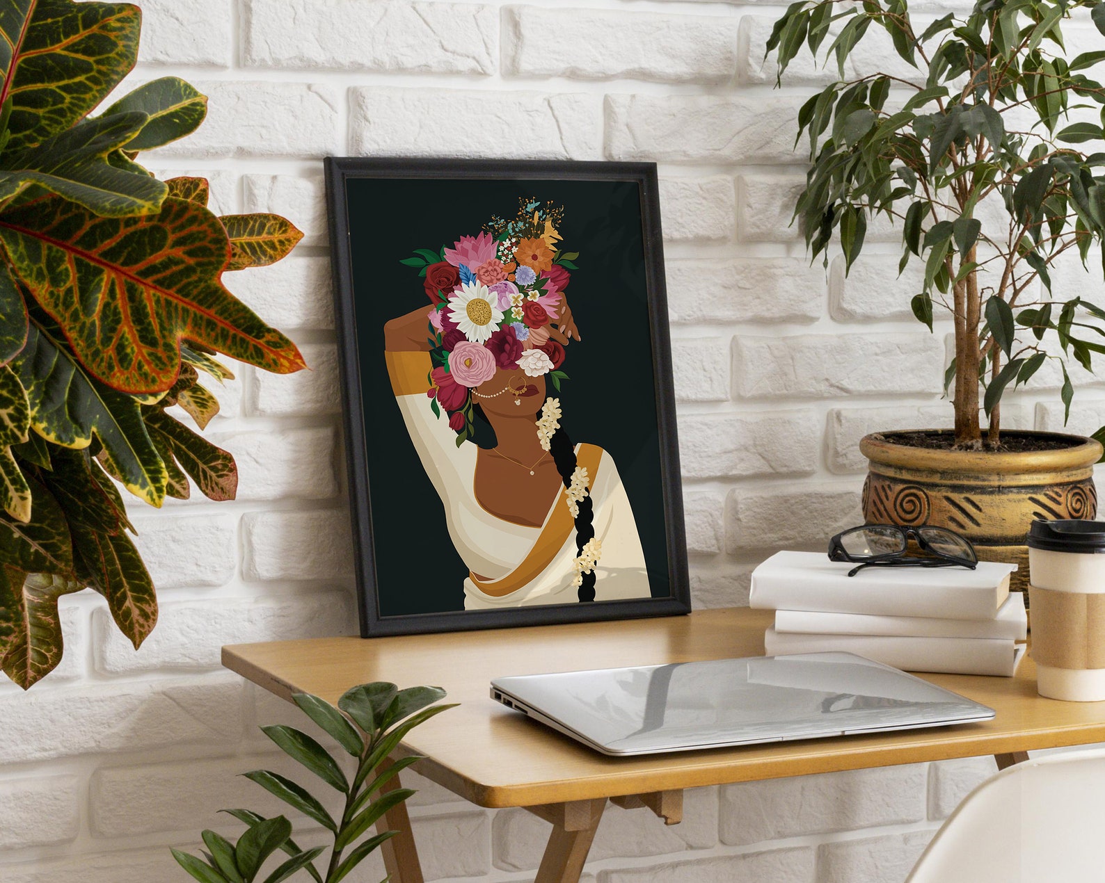 Indian Woman Flower Head Wall Art Desi Art Flower Woman Art Etsy