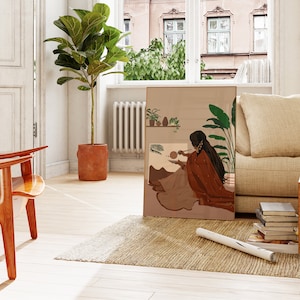 May include: A digital illustration of a woman sitting and painting in a room with plants. The woman is wearing a red and brown outfit and has long dark hair. The painting is on a canvas and is a landscape scene. The room is decorated with plants and has a warm, inviting atmosphere.