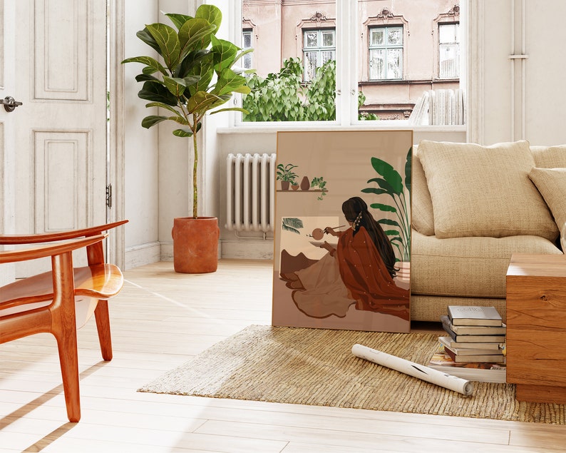 May include: A digital illustration of a woman sitting and painting in a room with plants. The woman is wearing a red and brown outfit and has long dark hair. The painting is on a canvas and is a landscape scene. The room is decorated with plants and has a warm, inviting atmosphere.