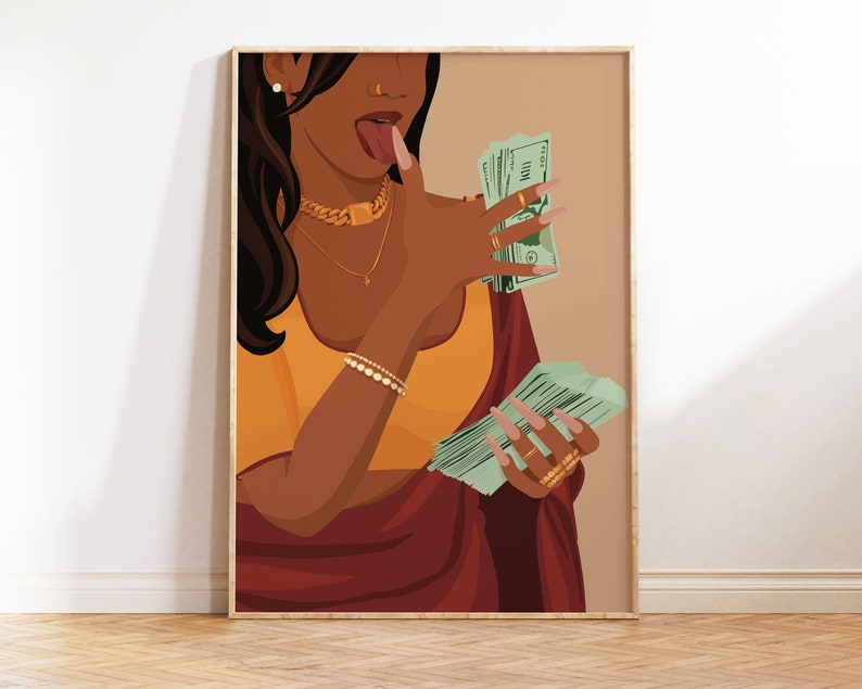 May include: A digital illustration of a person with brown skin wearing a red and orange outfit and holding a stack of cash. The person is licking their finger and has gold jewelry on their neck and wrists.