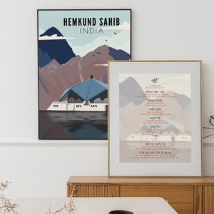 May include: Two framed prints with a mountain and lake scene. The top print says "Hemkund Sahib, India". The bottom print is in Punjabi and features a mountain scene with a building in the foreground.