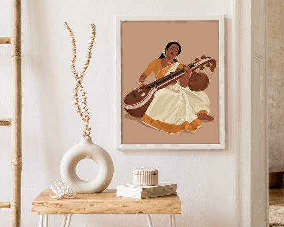 アート・デザイン・音楽 AUTHENTIC INDIAN DESIGNS Veena Art, Indian Woman Wall Art, Desi Art, Saraswati Veena, South