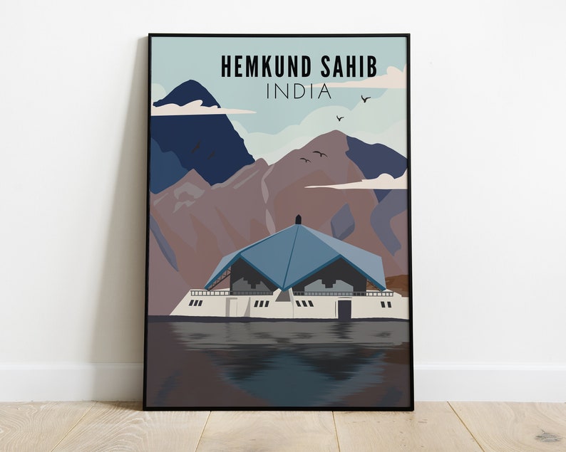 May include: A poster with a blue and white illustration of a building with a blue roof, surrounded by mountains and water. The text "HEMKUND SAHIB INDIA" is at the top of the poster.